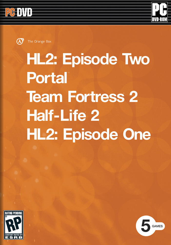An orange PC DVD box with the title 'The Orange Box' listing five games: HL2 Episode Two, Portal, Team Fortress 2, Half-Life 2, HL2 Episode One.