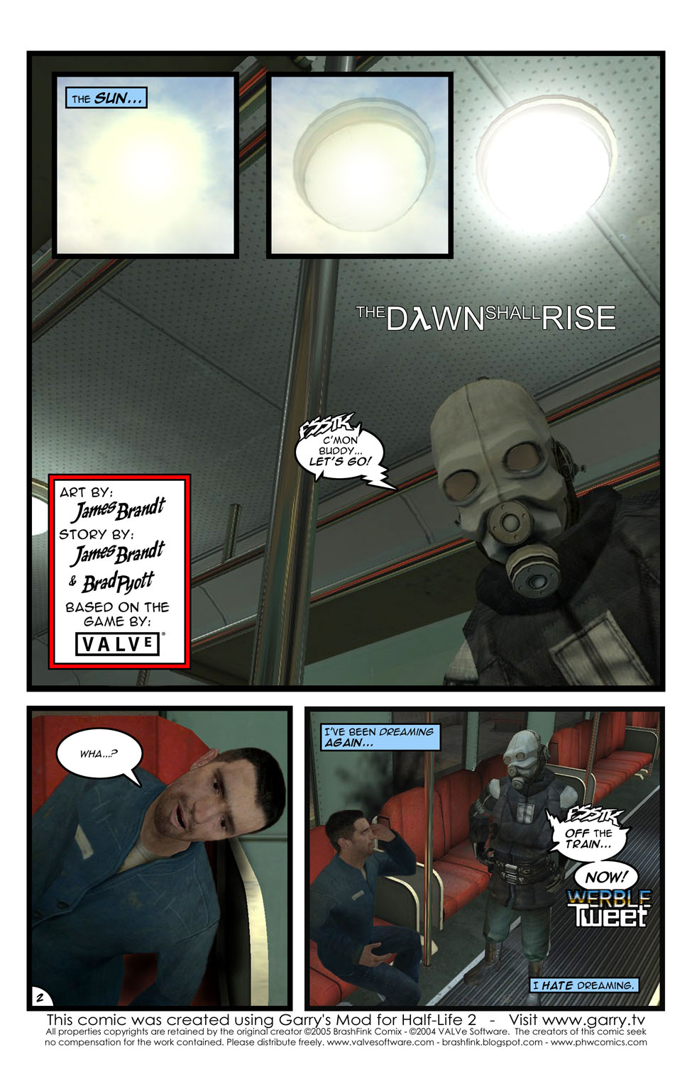 A page from Apostasy #1. The Sun morphs into a harsh overhead light inside a train. A masked man - a Civil Protection officer of the Combine thought police - is waking up our protagonist, a man in a standard-issue blue civilian outfit. The Civil Protection officer forces him out of the train as the man thinks to himself that he hates dreaming.