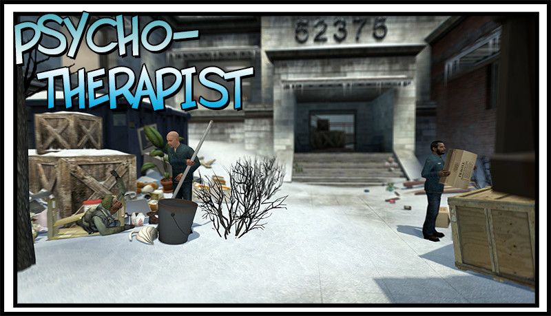 Two guys are cleaning up the mess outside the old Facepunch comic department. The hobo from the previous episodes is staring at one of them, his box now without a roof.