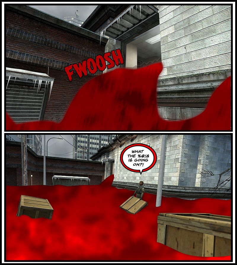 The stream of blood from Kazumi's nostrils floods the entire office and pours out like a waterfall from its windows. Outside, holding onto a floating crate, the hobo screams what the fuck is going on as the surroundings are flooded with blood. The end.