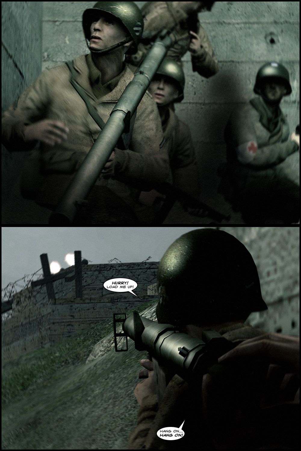 A soldier up front has a bazooka. He aims at the Nazi fortifications and tells the others to hurry and load him up.