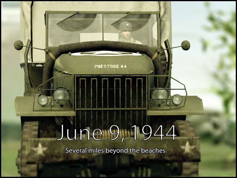 June 9, 1944. Several miles beyond the beaches. A United States Army truck is driving through the road in France.