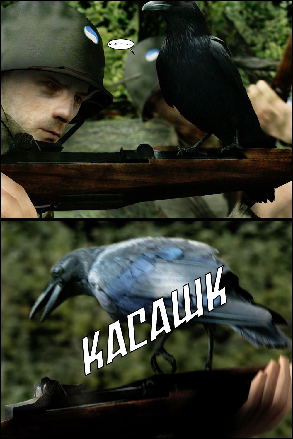 They're all surprised when a crow suddenly lands on one of their M1 Garand rifles. The crow caws at them menacingly.