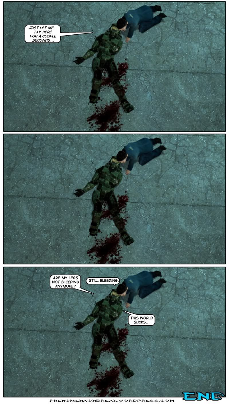 Master Chief, bleeding from his legs, asks the woman to just let him lie there for a couple of seconds. A moment passes as both sit still. Chief then asks if his legs are not bleeding anymore. She tells him they're still bleeding, to which he replies that this world sucks. The end.