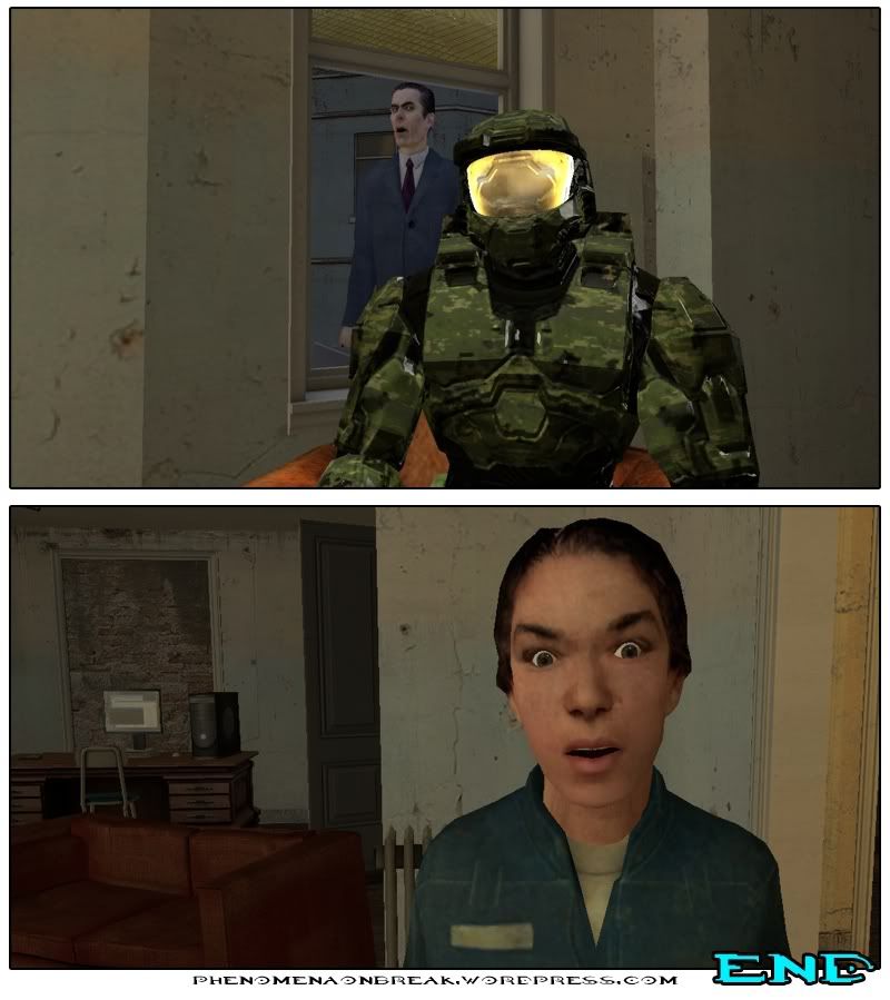 Master Chief and the G-Man behind him stare at Amy. Amy is standing with a shocked and horrified expression on her face. The end.