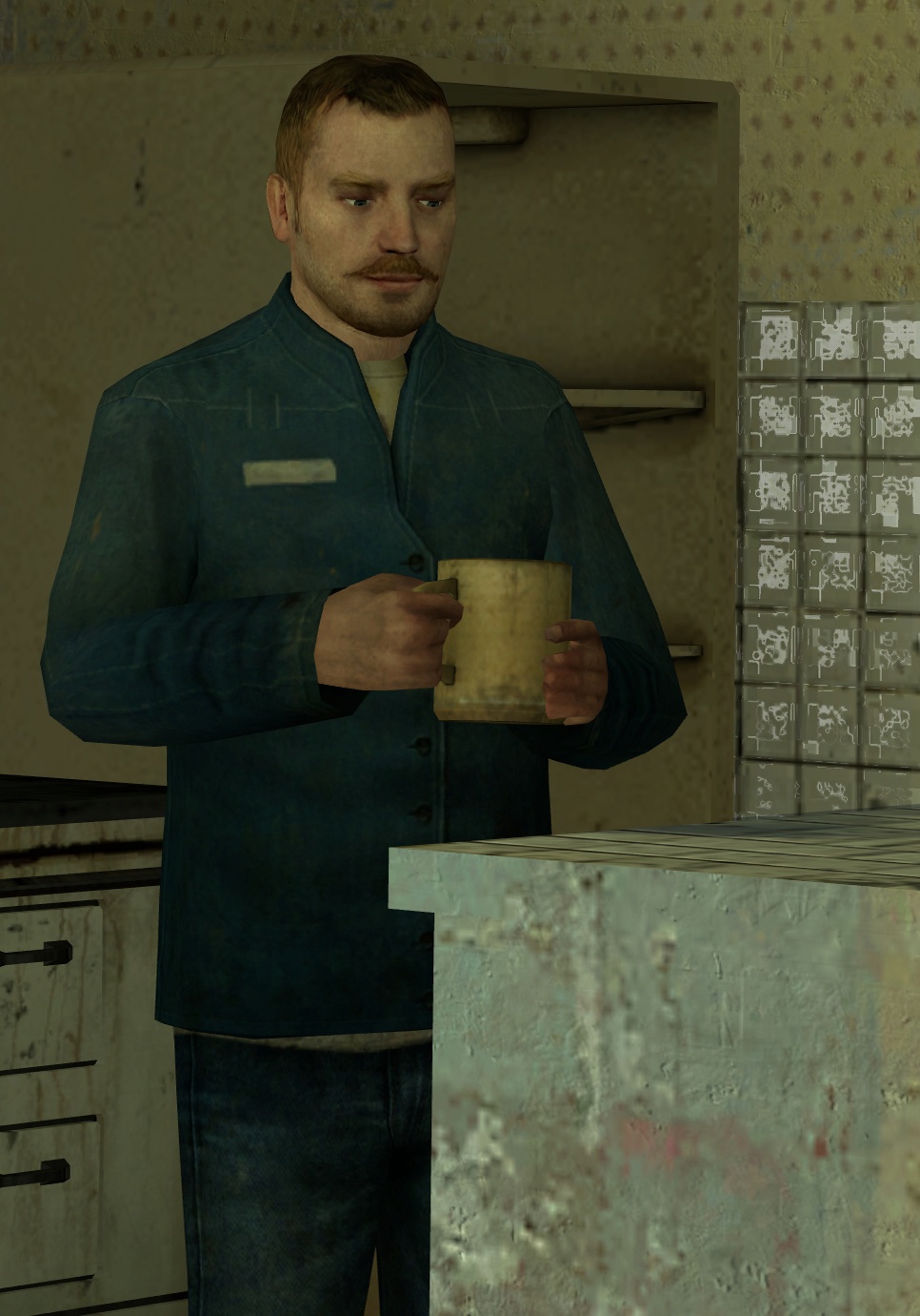 A blond, moustached man in faded blue overalls is holding the cup, a small hint of a smile on his face.