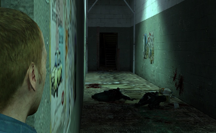 On the ground in front of Hercule Cubbage are two dead CP units, killed, unbeknownst to him, by Doctor Gordon Freeman (in the Half-Life 2 chapter "Water Hazard").