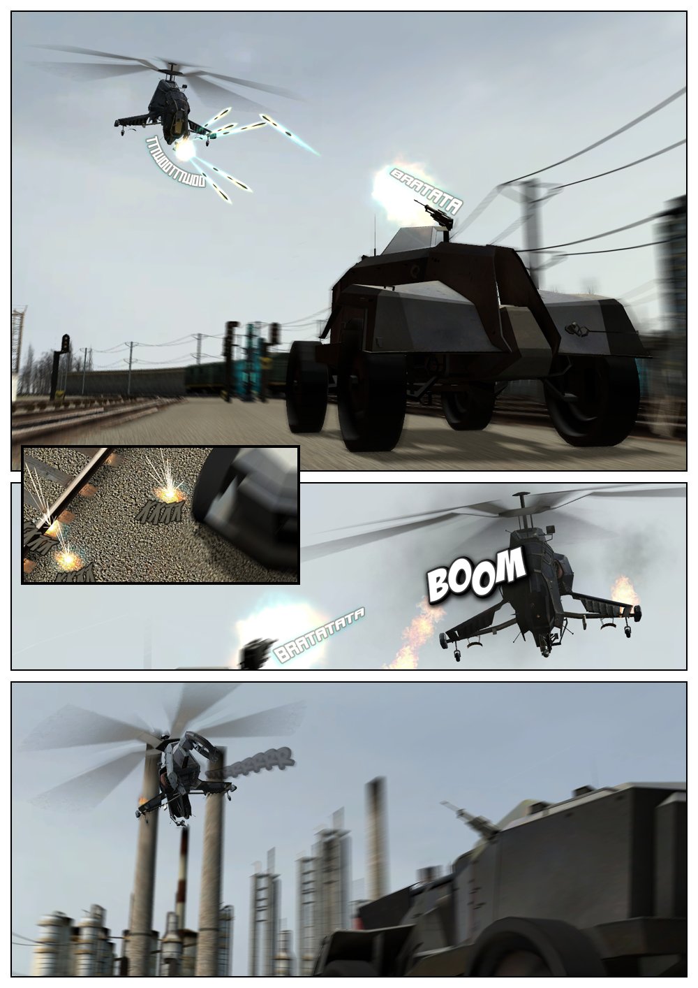 The Hunter-Chopper chases down the APC on the train tracks, both firing at each other. The chopper comes close to hitting the APC, but misses. In return, the APC manages to hit the chopper, causing a small explosion and pieces of it to fly off burning. The chopper speeds up and flies over the APC.