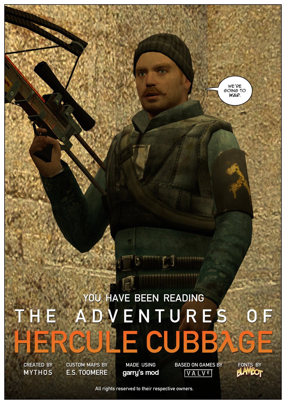 Hercule Cubbage is standing next to the stairs, wearing a rebel uniform and holding his crossbow. He has a confident and serious look on his face as he says: We're going to war. End of chapter 5.