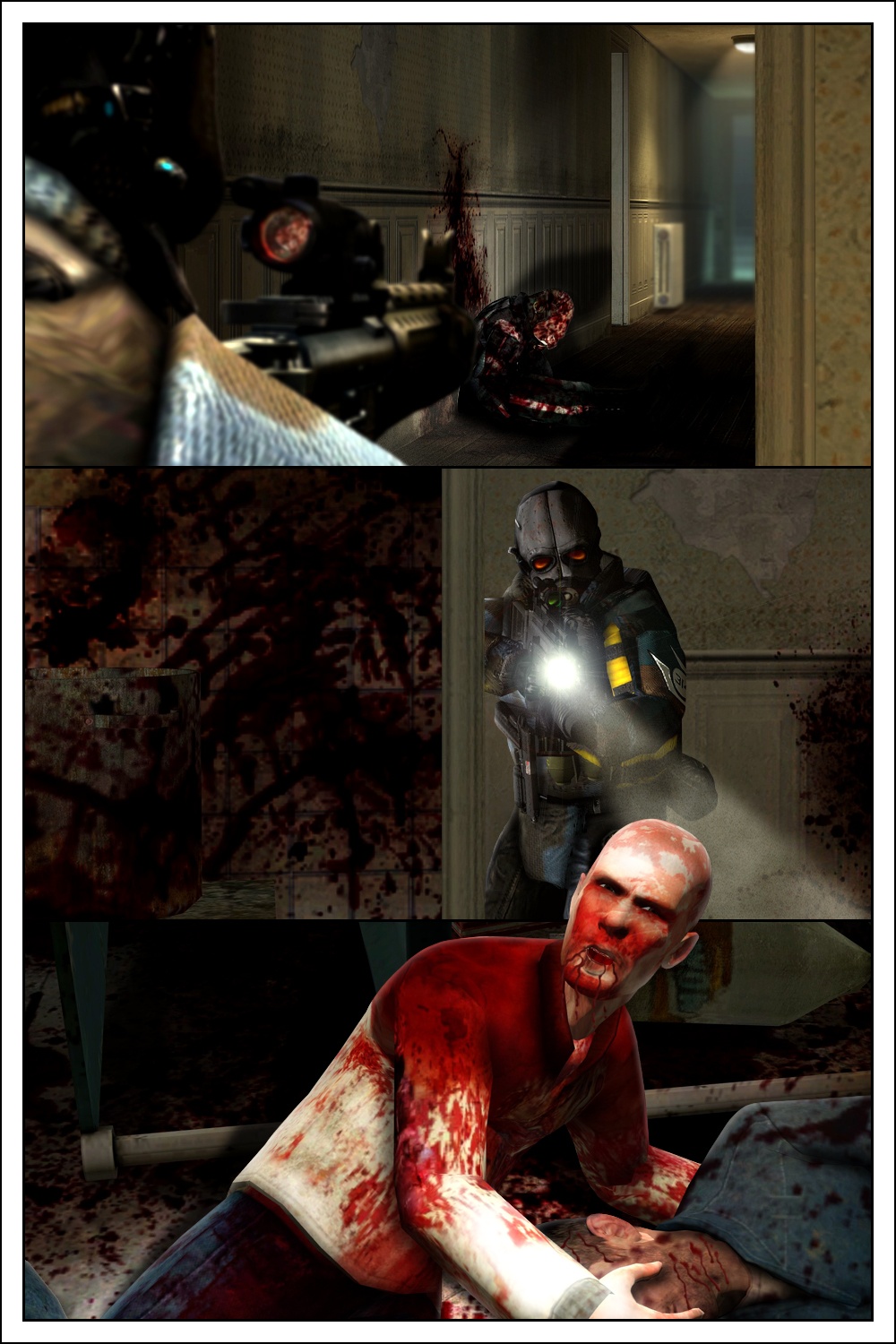 The 314 squad comes across the bloodied corpse of Adams. A soldier checks the room and finds the infected man over a citizen corpse.