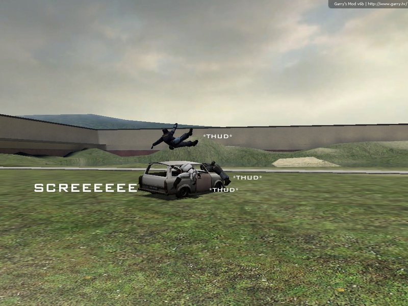 The flying car runs over two nearby Combine soldiers.