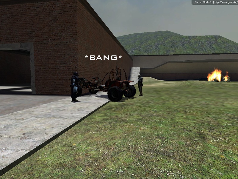 The dune buggy hits a wall as a Combine soldier and a metro cop stand around it.