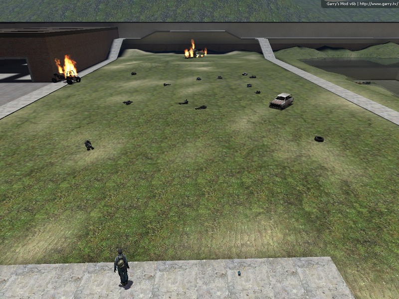 Jeff observes the carnage he's wrought, as vehicles burn in the distance and corpses litter the area.