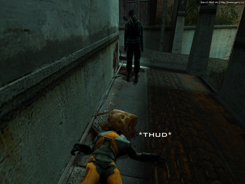 Gordon Freeman, protagonist of the Half-Life series, falls dead in front of Jeff, with a headcrab on top of his head.