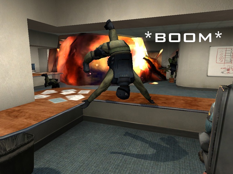 The bomb goes off, tossing the four counter-terrorists across the office, one of which flies by Jeff.
