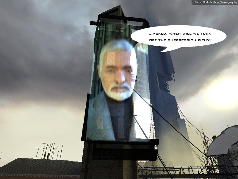 At the City 17 plaza, the Combine screen is broadcasting Doctor Breen talking about the Combine's suppression field.