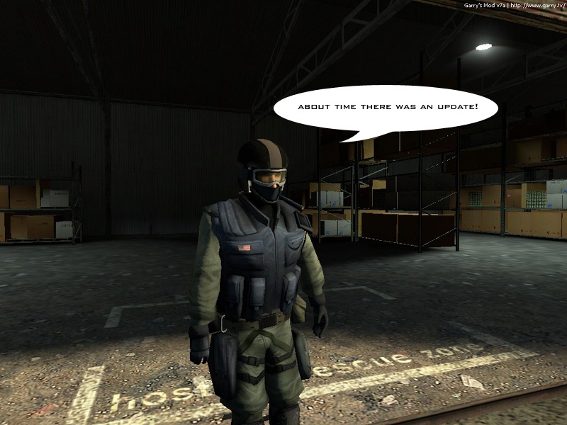 In Counter-Strike: Source, Jeff, wearing a counter-terrorist outfit, pops up and comments it's about time there was an update.