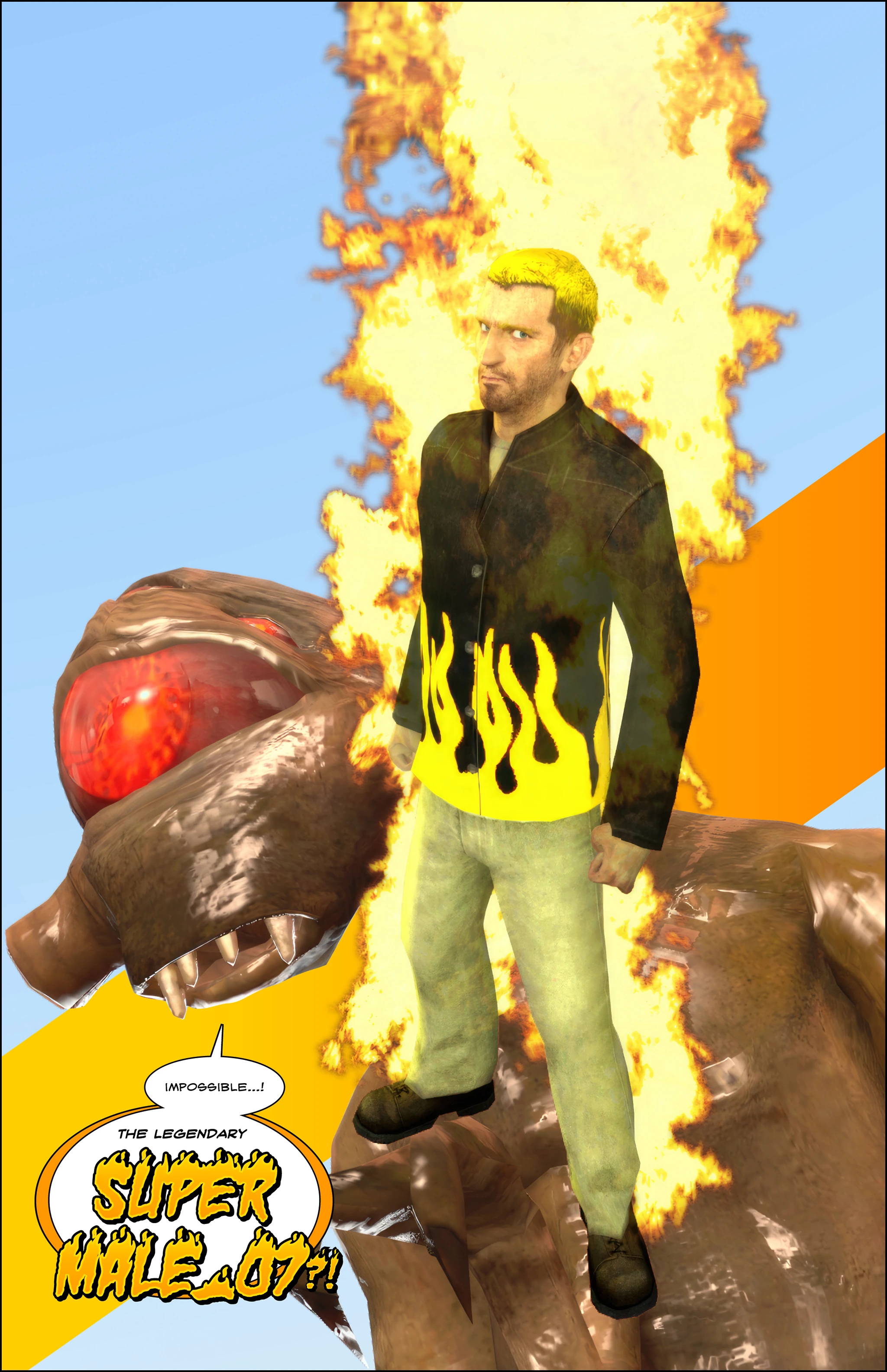 Jeff stares at the vortigaunt with golden air and covered in a flame-like golden aura. The vortigaunt stares at him in surprise, recognizing him as the legendary Super Male 07.