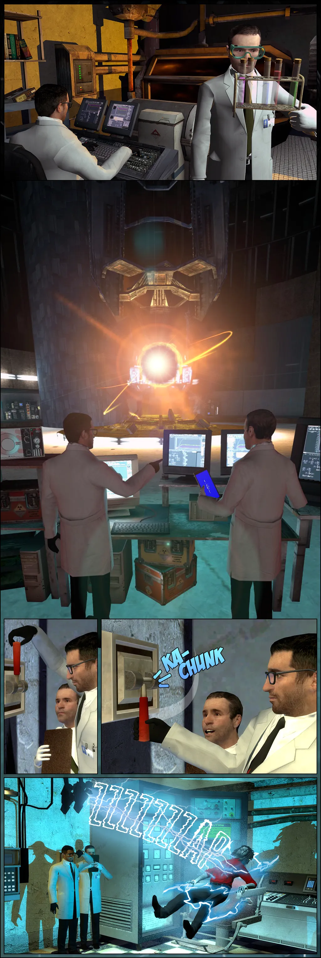 Jeff sits in front of a computer attached to non-descript machinery as Jerry stands nearby, staring intently at the rack of coloured liquid vials that he's holding. In the next scene, Jeff and Jerry are standing at computers in front of a bright orange portal/wormhole. Next, Jeff and Jerry are standing next to a wall-mounted lever with Jeff delicately pinching the handle of the lever. He then swings it down with a heavy 'KA-CHUNK' and a surprised look on both of their faces. They turn around to see a man with grey skin and crisp formal attire strapped to a chair being violently electrocuted.