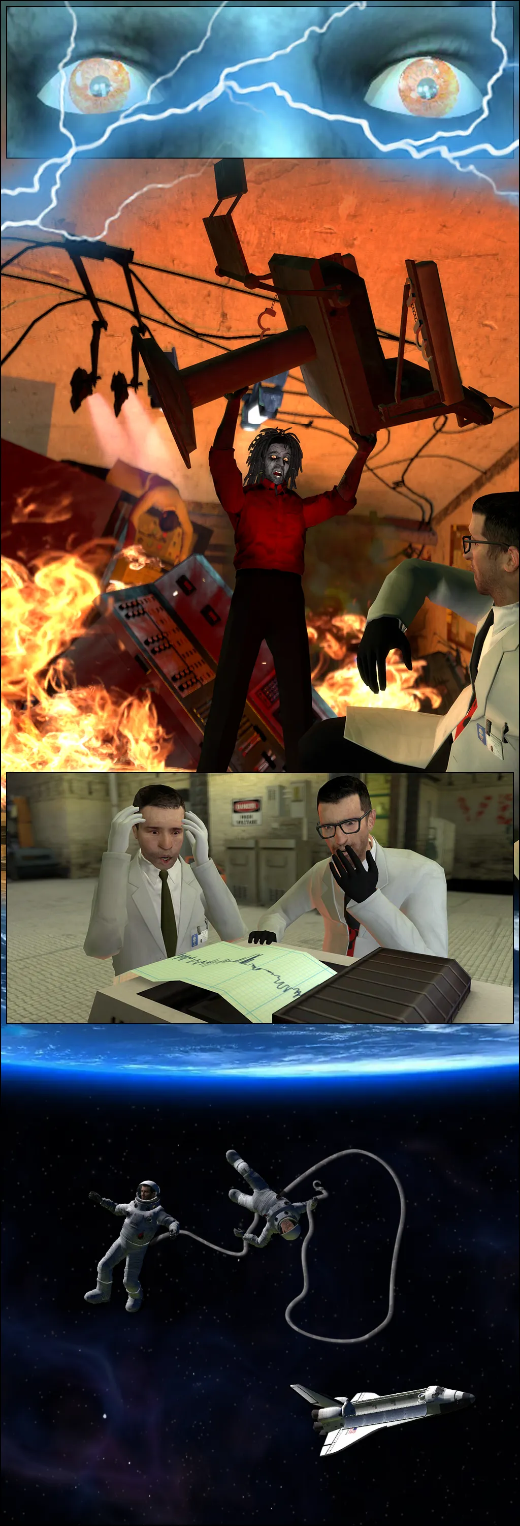 The man in the chair opens his eyes as electricity arcs across his face, revealing fierce orange irises. He is next seen towering over Jeff with the chair held over his head with a manic expression. The laboratory is in dissaray and in flames, and Jerry is seen slumped over a computer tower in the background. In the next scene, Jeff and Jerry have shocked expressions on their faces as they look at a line graph printer with a notable spike on the line. Next, Jeff and Jerry are floating in space with a space shuttle behind them. Jeff and Jerry are tethered together, and Jerry is holding the other end of the rope, looking at the broken clip that should have been attaching them to the spaceship.