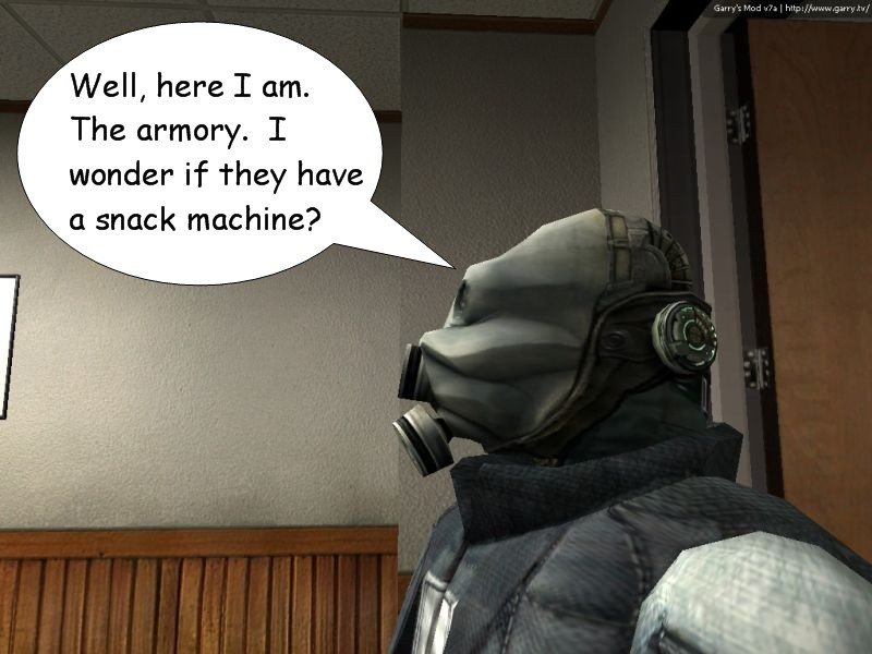 Kenny arrives at an office and points out to himself that here he is in the armory. He wonders if they have a snack machine.