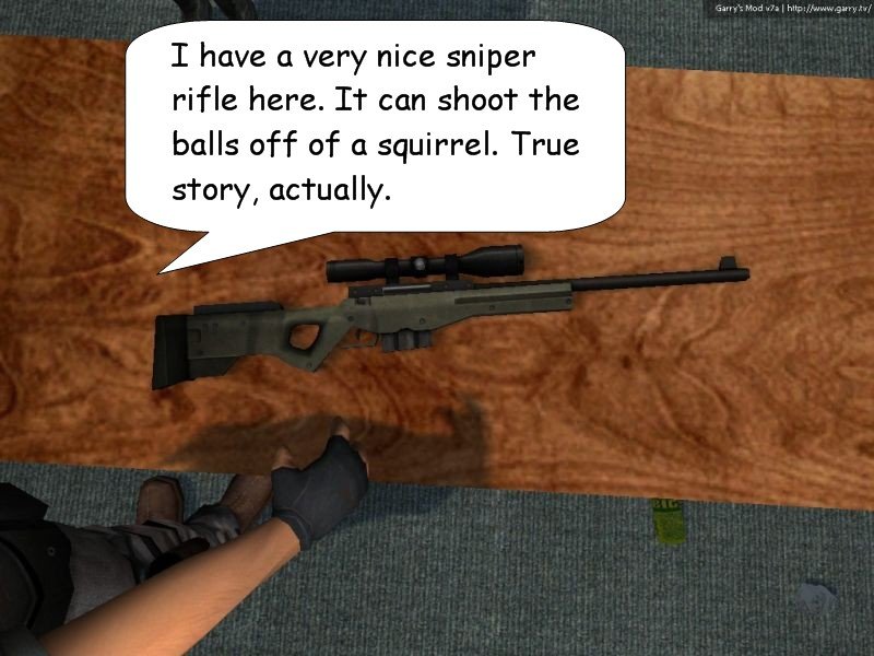 The terrorist salesman shows off what he calls a very nice sniper rifle, illustrating that it can shoot the balls off of a squirrel and pointing out that it's actually a true story.
