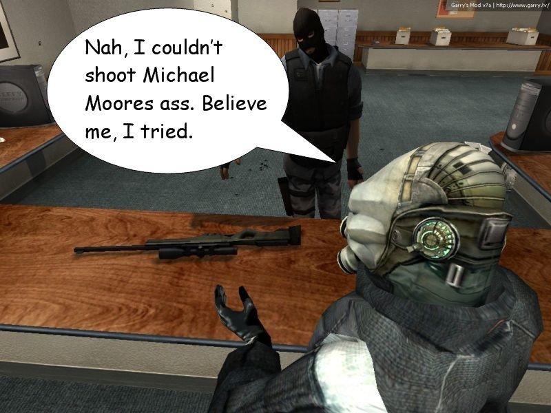 Kenny says nah to the sniper rifle, explaining that he couldn't shoot Michael Moore's ass, then adding believe him, he tried.
