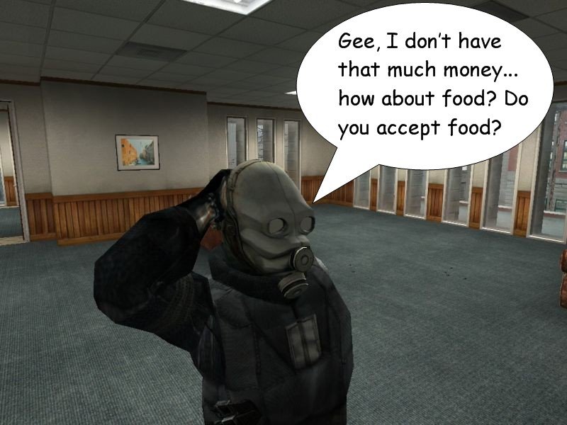 Kenny rubs his head as he replies that he doesn't have that much money, then wonders if they accept food.
