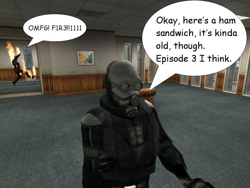Kenny hands over a ham sandwich, albeit not without pointing out that it's kinda old, from episode 3, he thinks. Meanwhile, a counter-terrorist is on fire behind him.