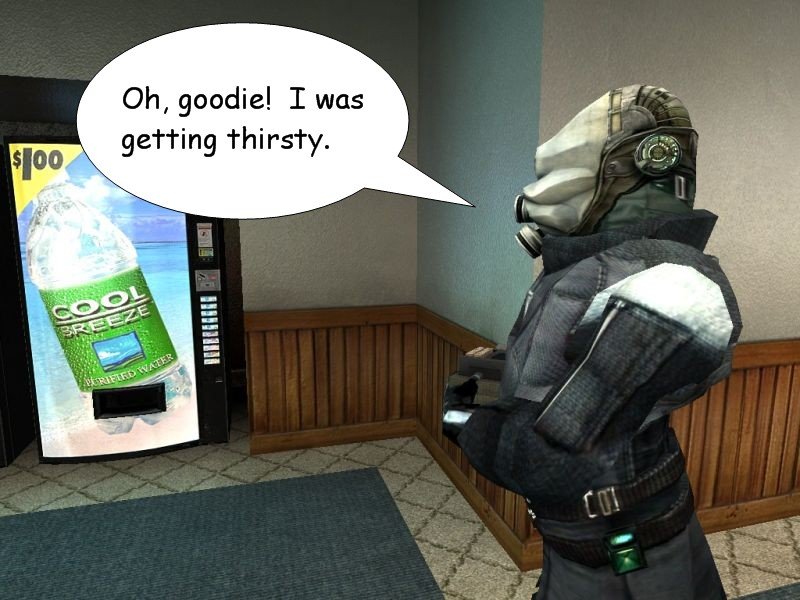 As he leaves, Kenny spots a water vending machine and notes that he was getting thirsty.