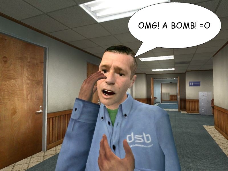 The civilian spots the bomb and reacts in shock.
