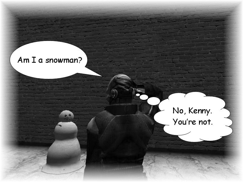 In a flashback, Kenny stares at a snowman and wonders if he, too, is a snowman, with his mind telling him that he is not.