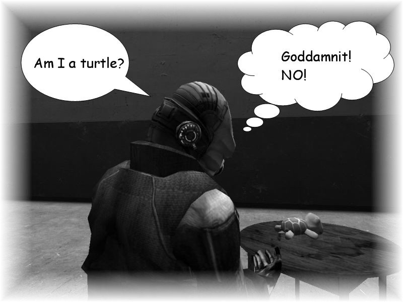 Kenny stares at a turtle and wonders if he is a turtle. His mind screams no, God damn it.