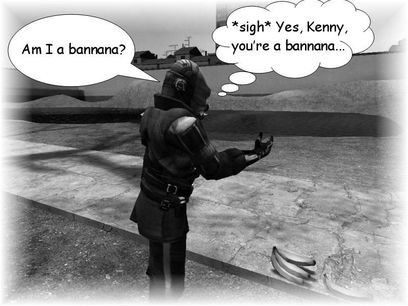 Kenny stares at a bunch of bananas on the ground and wonders if he is a banana. His brain, having given up, tells him that yes, he is a banana.
