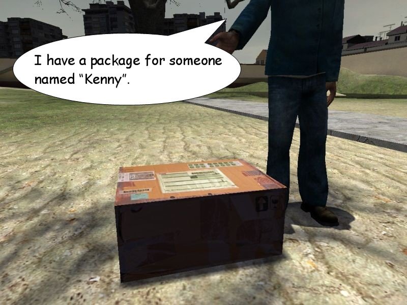 The sandwich stealer shows Couper a box and tells him he has a package for someone named Kenny.