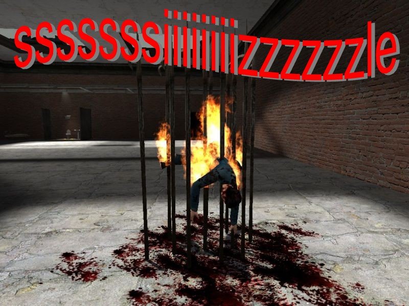 Meanwhile, elsewhere in GM Construct, a man's body is sizzling over some spikes, with blood all over the floor.