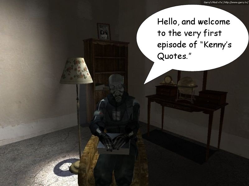 Sitting in an armchair next to a lamp and holding a book, Kenny looks towards the camera and welcomes the reader to the very first episode of Kenny's Quotes.