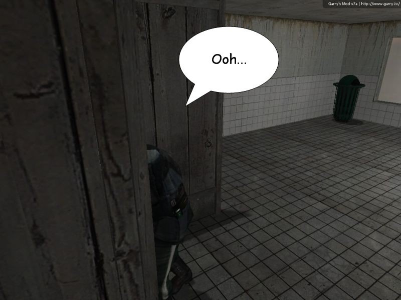 Kenny enters a bathroom stall as he groans.