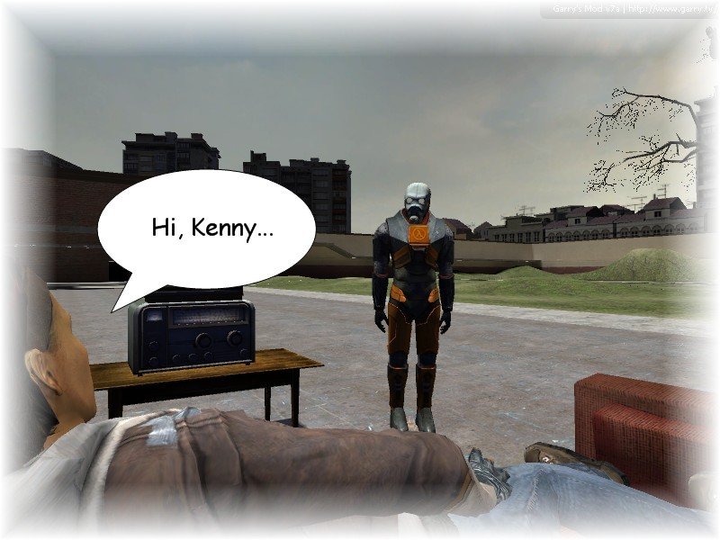 Kenny daydreams of wearing the HEV Suit and approaching Alyx Vance on GM Construct, who greets him.
