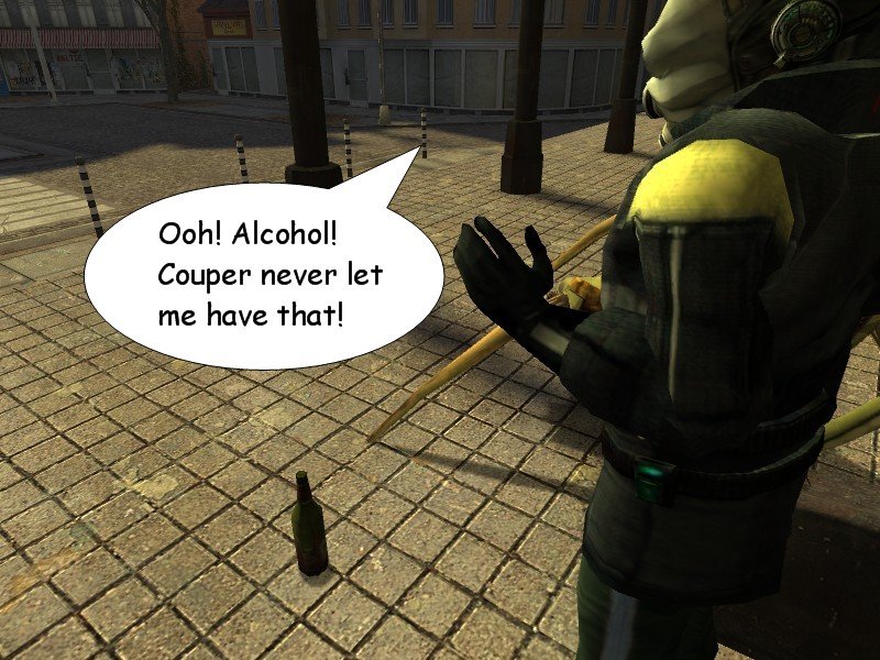 Kenny spots a bottle of alcohol on the ground and reacts happily, saying Couper never let him have that.