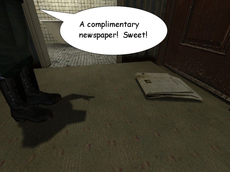 It's a newspaper that's been slid down his door. Kenny calls it a complimentary newspaper and exclaims sweet.