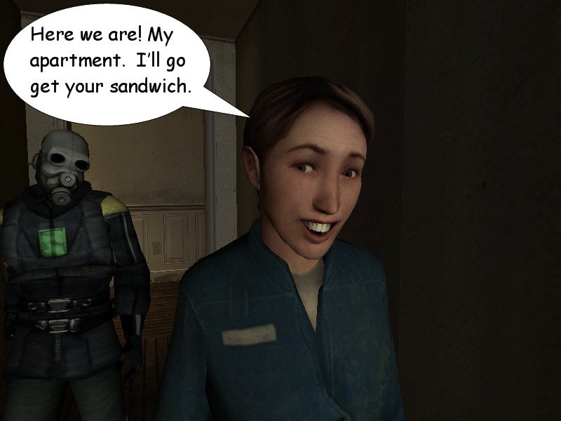 The woman enters her apartment with Kenny and tells him she will go get his sandwich.