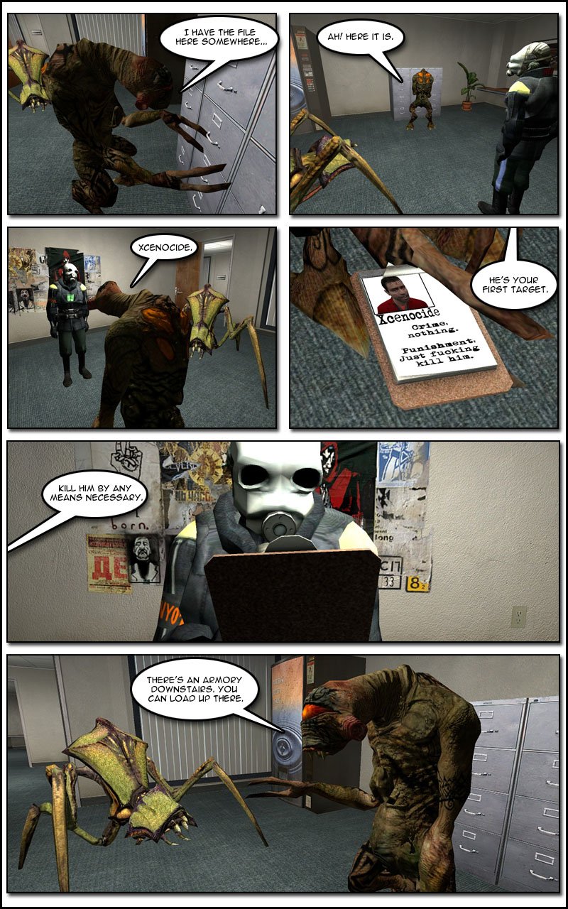 John-Matrix checks a file cabinet for a file and finds it, then hands it to Kenny, telling him that's his first target. The file is for a man called Xcenocide, stating that his crime was nothing and his punishment is to just fucking kill him. John-Matrix tells Kenny to kill him by any means necessary, then states that there's an armory downstairs where he can load up.