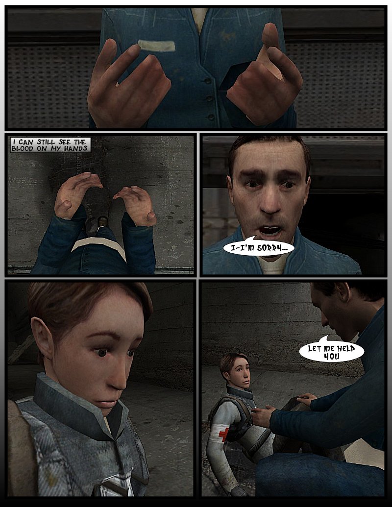 Richard looks at his hands, thinking to himself he can still see the blood on them. He apologizes to the medic and extends a hand to help her up.