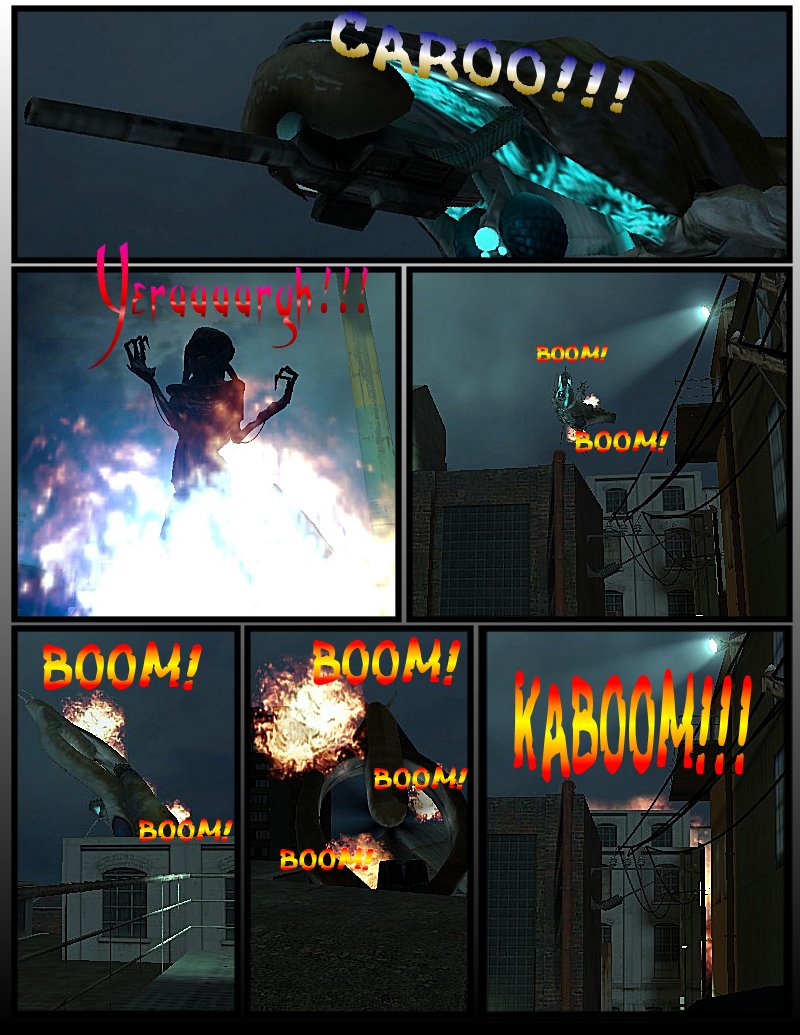 The gunship makes a loud noise as if screaming in pain. The zombie does enough damage that it provokes an explosion and the gunship comes crashing down into the buildings below as Richard watches.