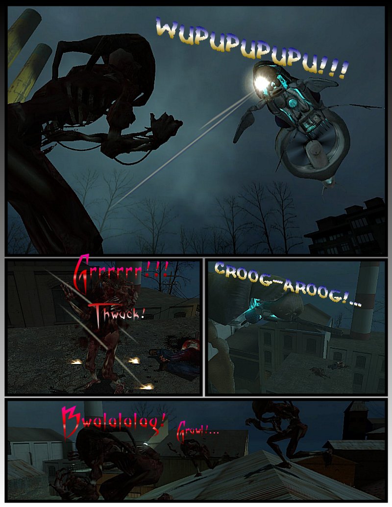 The Combine gunships are flying over the rooftops, shooting at the zombies. The skeletal zombies, or fast zombies, are increasingly aggravated by the gunships and start running across the rooftops in groups.