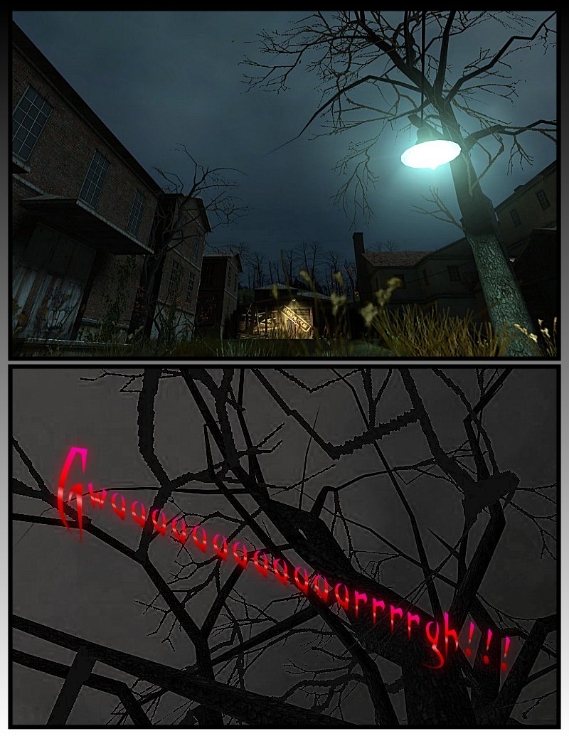 The zombies howl at the sky in Ravenholm, now empty of life.