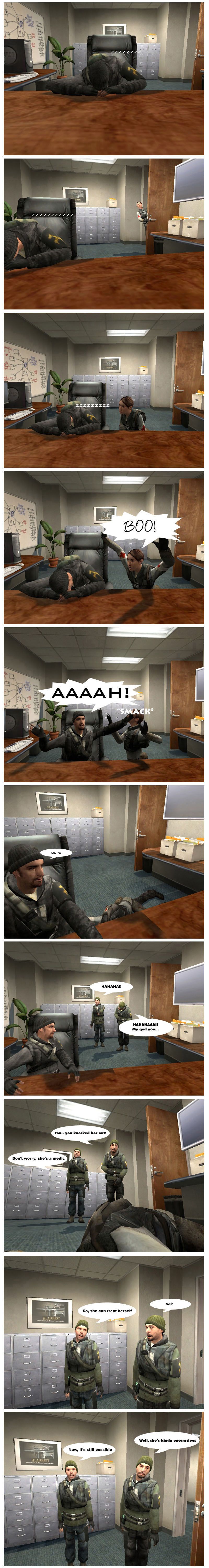 Jeff is sound asleep on an office desk. Jennifer peeks into the room, then slowly walks up to Jeff. She then screams boo, startling him awake. Jeff accidentally hits her in the head as he screams, then looks at Jennifer's unconscious body and says oops. John and Jerry then enter the room laughing at Jeff, then realize Jeff knocked Jennifer out. Jerry tells John not to worry because she's a medic. John asks Jerry so and Jerry tells him she can treat herself. John points out she's kinda unconscious but Jerry insists it's still possible.