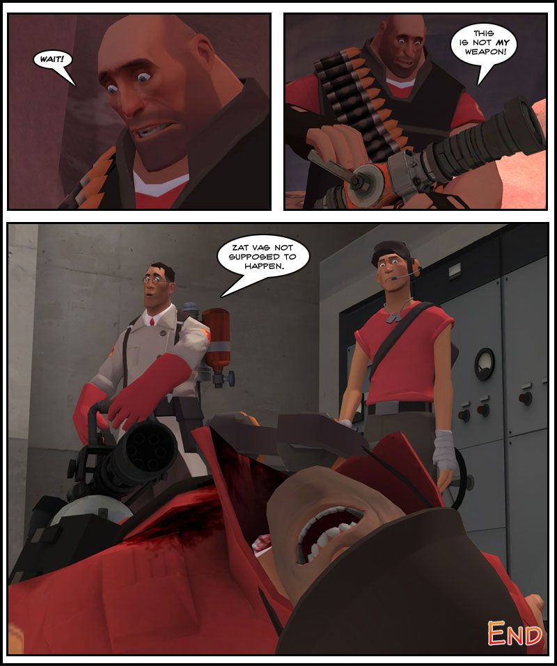 The Heavy then looks shocked as he looks down and says wait. He lifts up a Medic's Medi Gun and exclaims that this is not his weapon. Meanwhile, a RED Scout and Medic stare at a dead RED Soldier on the ground. The Medic, holding the Heavy's minigun, states that that was not supposed to happen. The end.