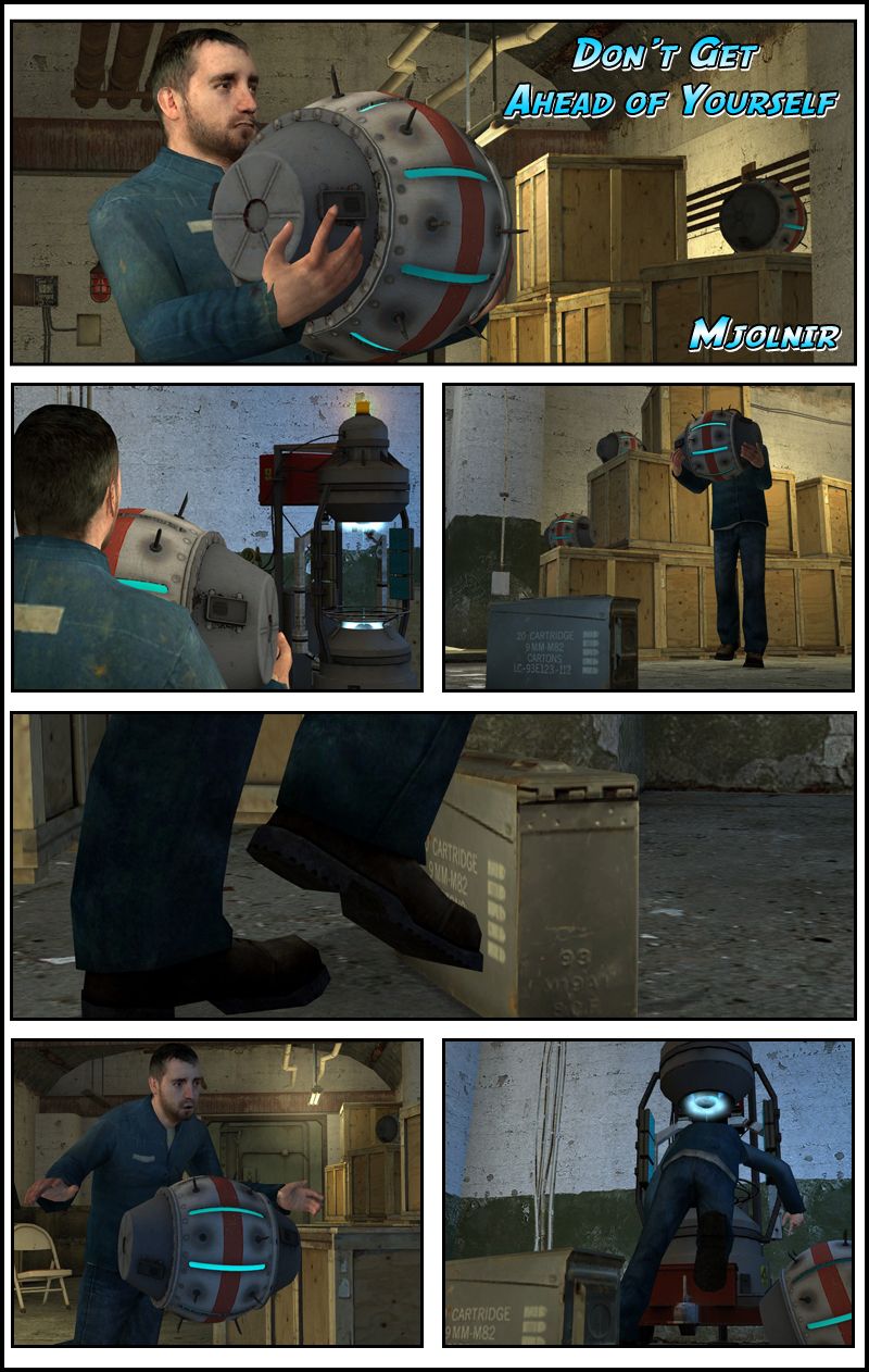 A refugee is carrying a Strider-busting Magnusson Device with some difficulty towards a nearby teleporter that will take it to Gordon Freeman. There is a cartridge of ammunition on his path, which he can't see because his lower view is blocked by the Magnusson Device. The refugee trips on the cartridge, drops the device and falls head-first into the teleporter.